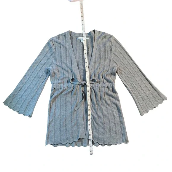 Vintage Gray Ribbed Knit Tie Waist Scalloped Hem Cardigan Sweater Small Y2K 90s - Picture 12 of 16